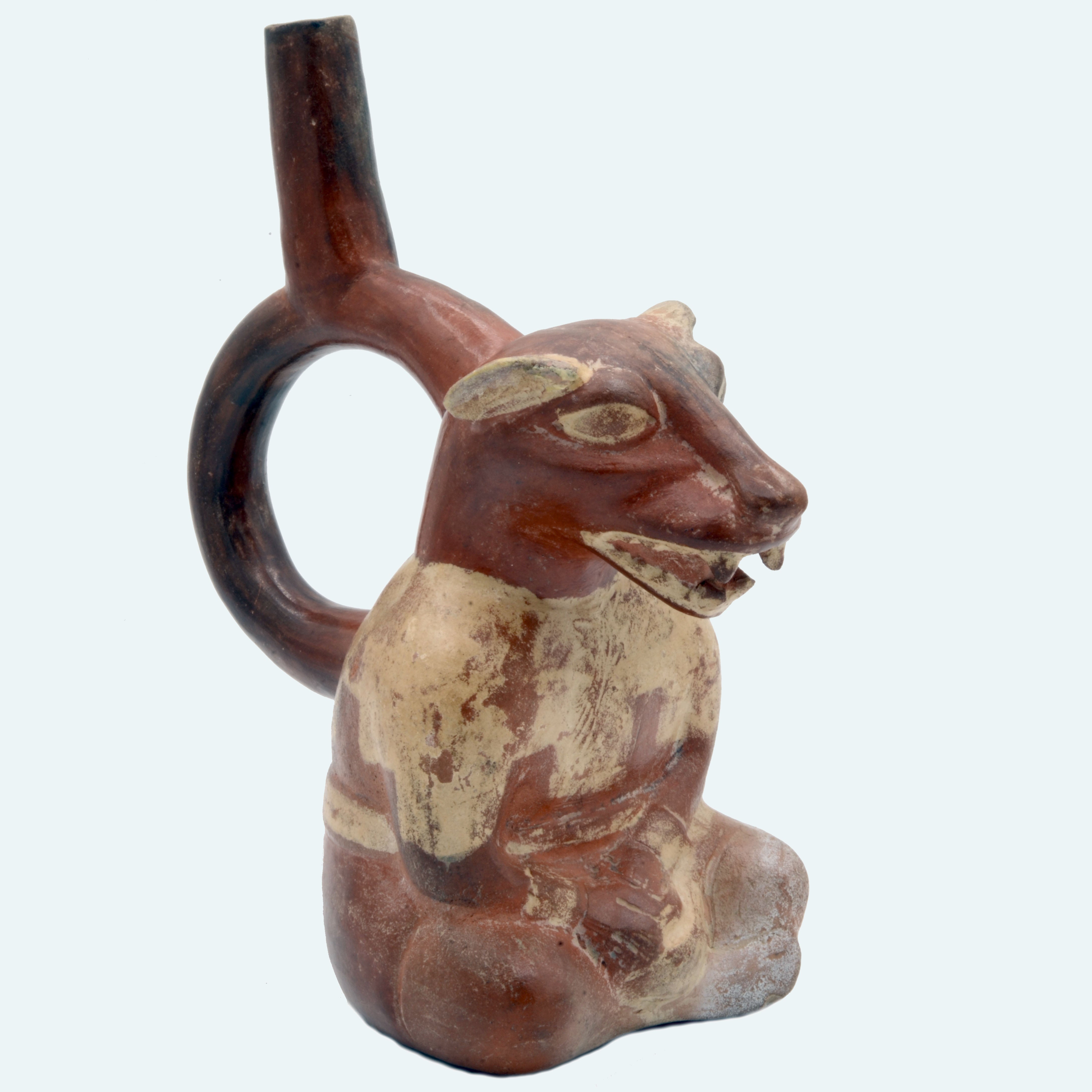 Peruvian Finely Painted Moche Fox Deity Stirrup Vessel Art For Eternity