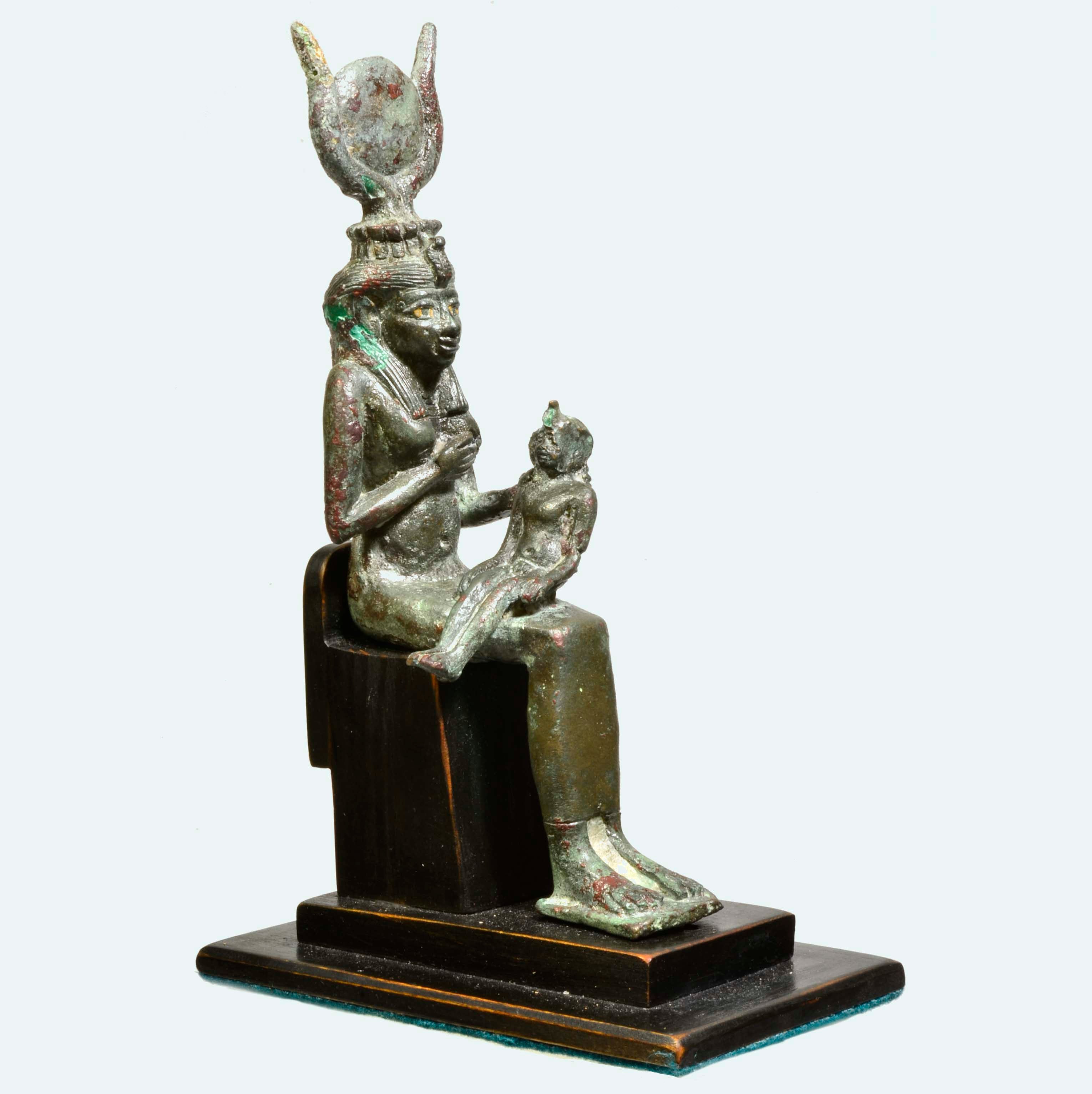 Fine Egyptian Bronze Goddess Isis Nursing Horus with inlaid Eyes