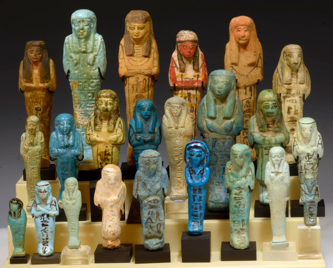 Group of ancient Egyptian ushabtis in faience, wood and terracotta