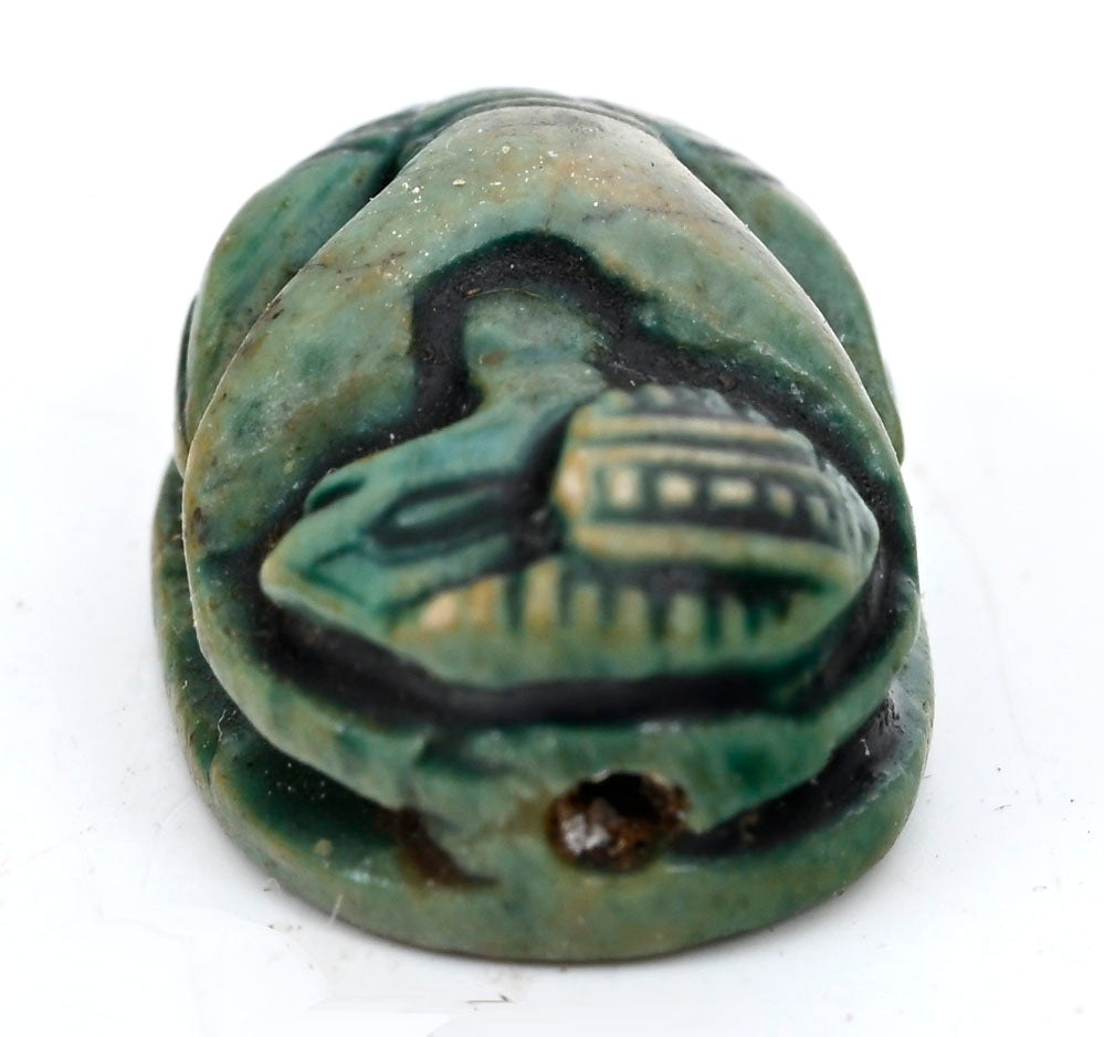 Egyptian Green-Glazed Steatite Scaraboid Surmounted by a Crouching Figure
