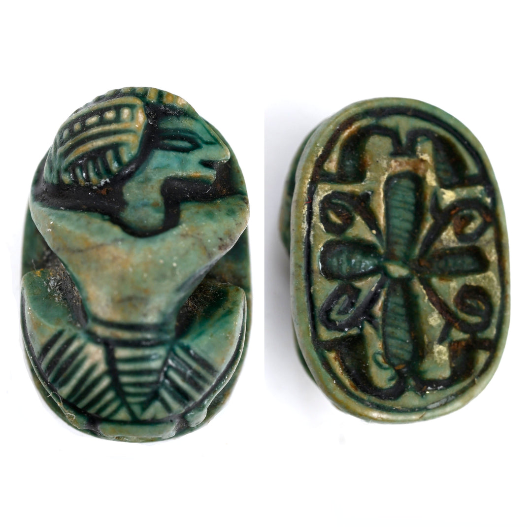 Egyptian Green-Glazed Steatite Scaraboid Surmounted by a Crouching Figure