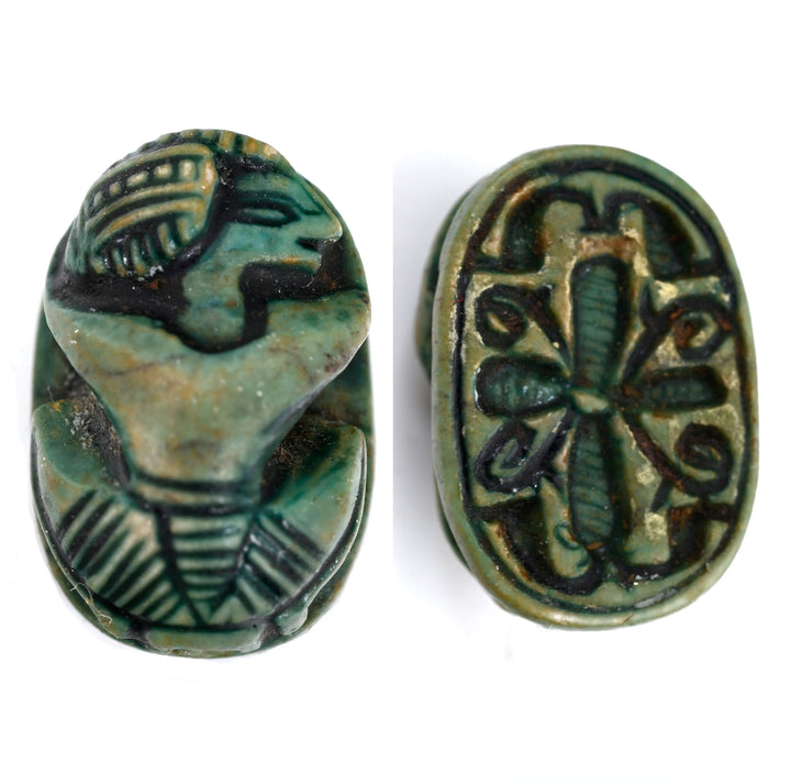 Egyptian Green-Glazed Steatite Scaraboid Surmounted by a Crouching Figure