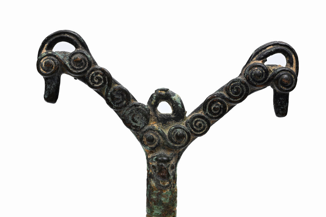 Luristan Bronze Pin with Twin Ram Heads