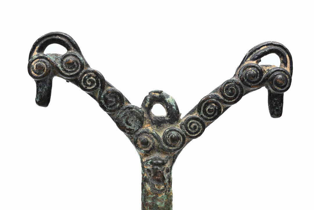 Luristan Bronze Pin with Twin Ram Heads