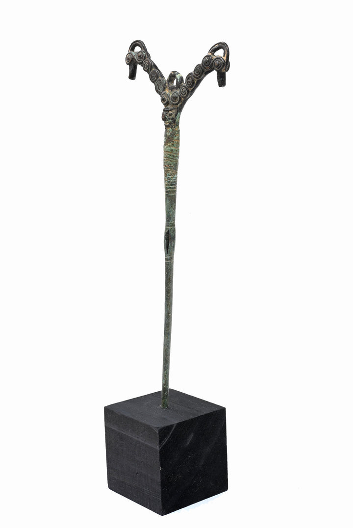 Luristan Bronze Pin with Twin Ram Heads