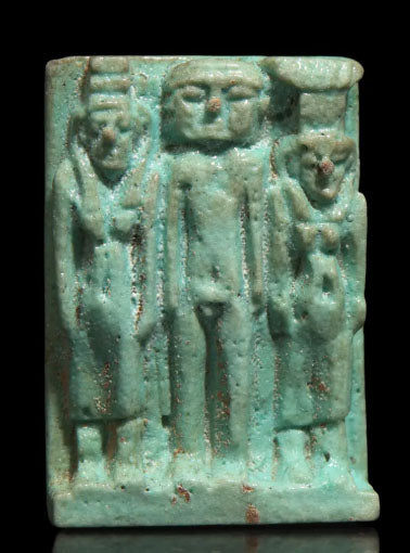 Egyptian Green Faience Triad Amulet of Isis, Horus the Child, and Nephthys