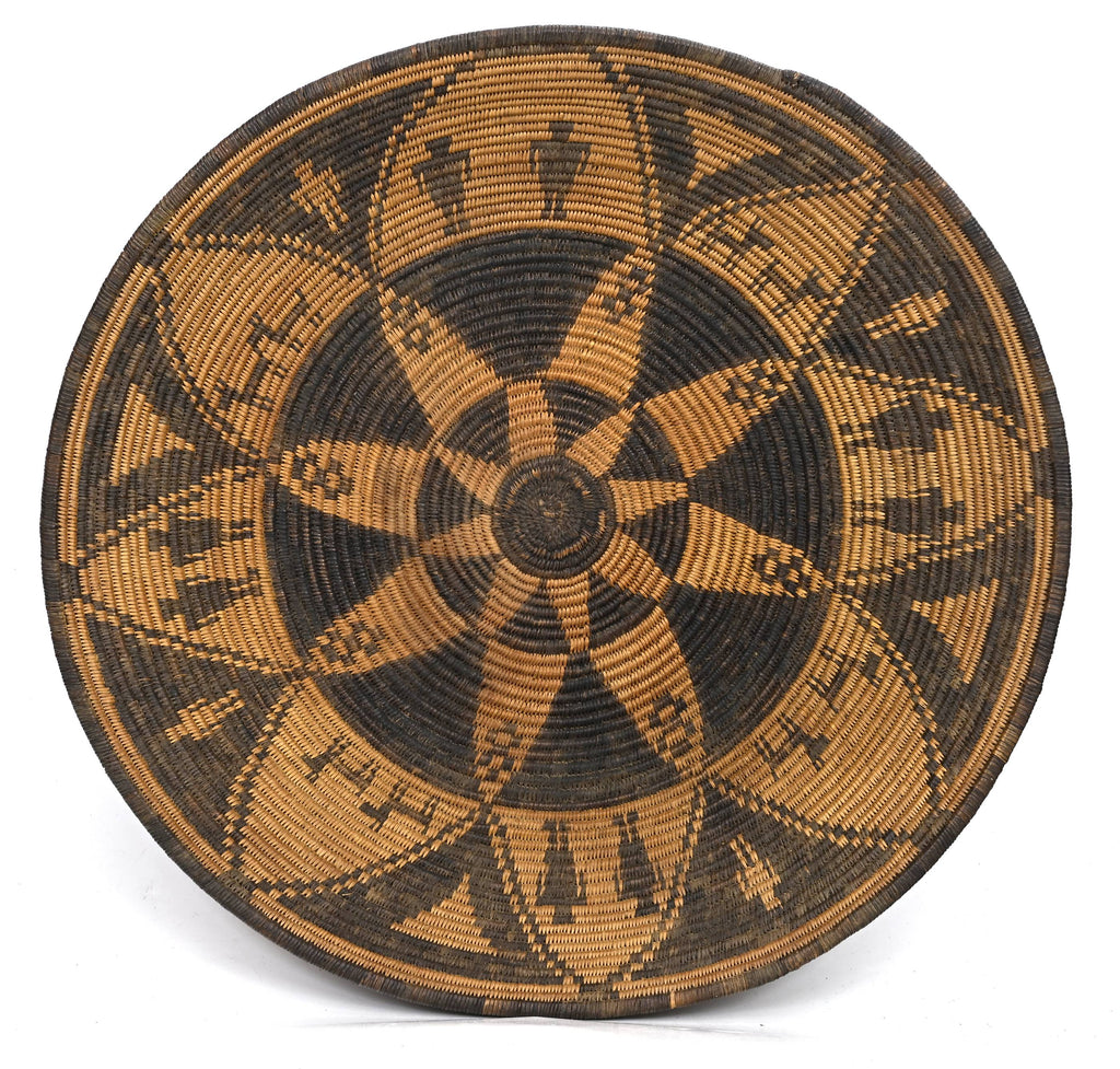 Western Apache Pictorial Coiled Tray with Eight-Point Star, Human Figures, and Dogs