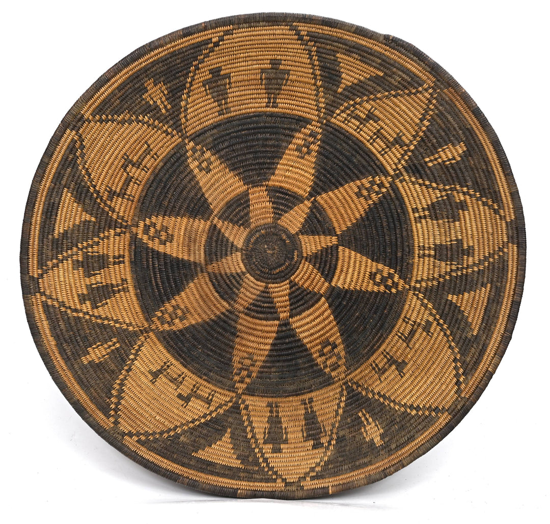 Western Apache Pictorial Coiled Tray with Eight-Point Star, Human Figures, and Dogs