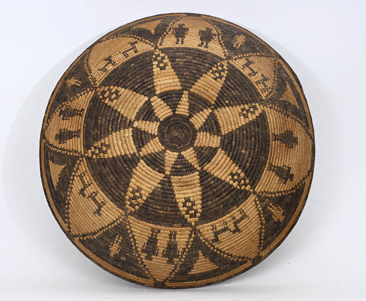 Western Apache Pictorial Coiled Tray with Eight-Point Star, Human Figures, and Dogs