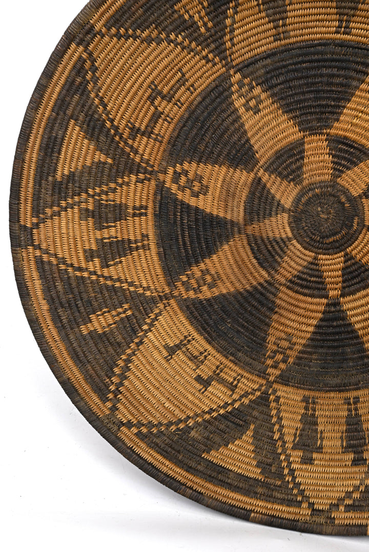 Western Apache Pictorial Coiled Tray with Eight-Point Star, Human Figures, and Dogs