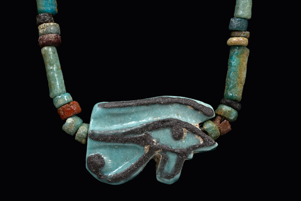 Egyptian Faience Bead Necklace with Eye of Horus Amulet