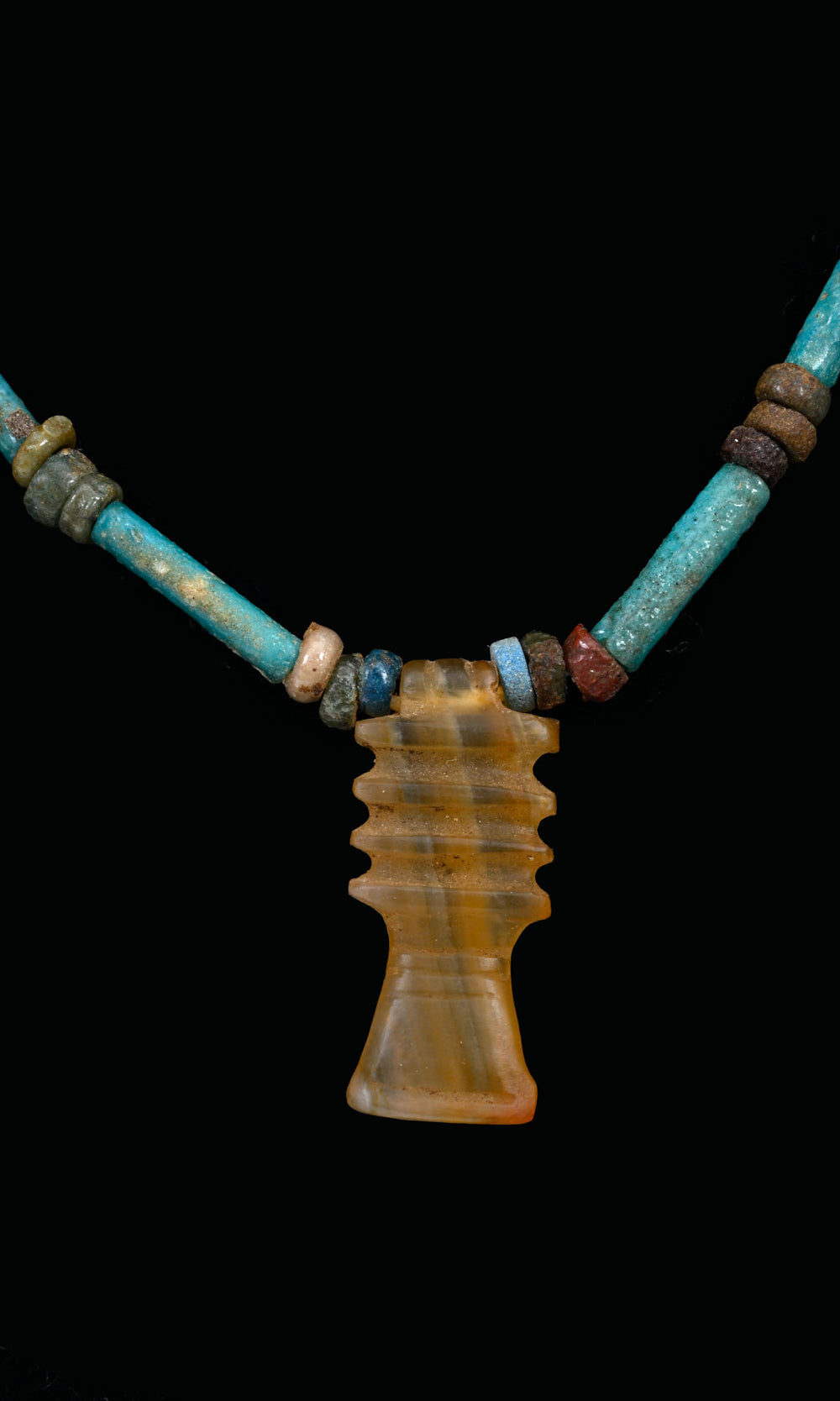 Egyptian Faience Bead necklace with Carnelian  Djed Pillar Pendant