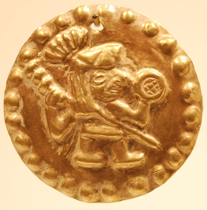 Three Moche Gold Applique Discs Embossed with Warriors