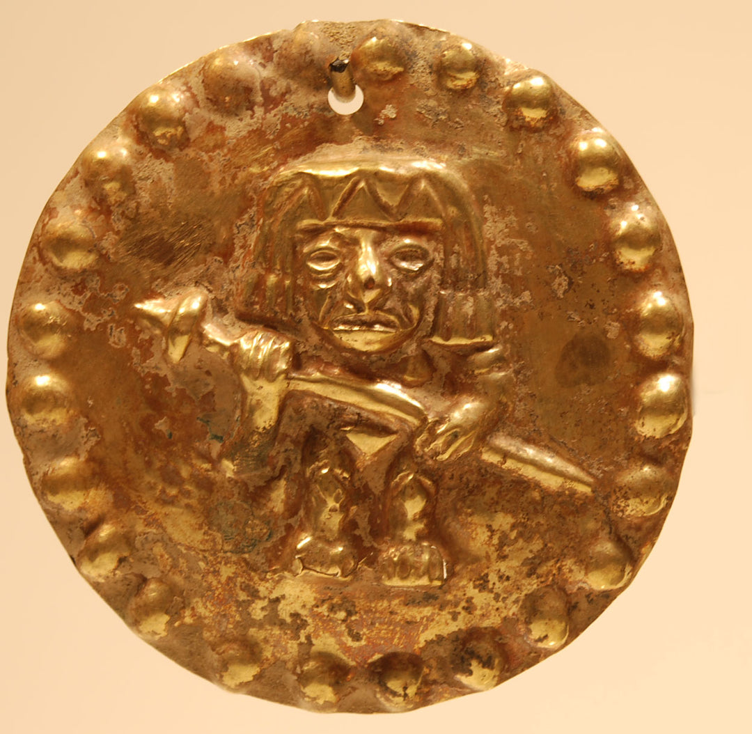 Three Moche Gold Applique Discs Embossed with Warriors