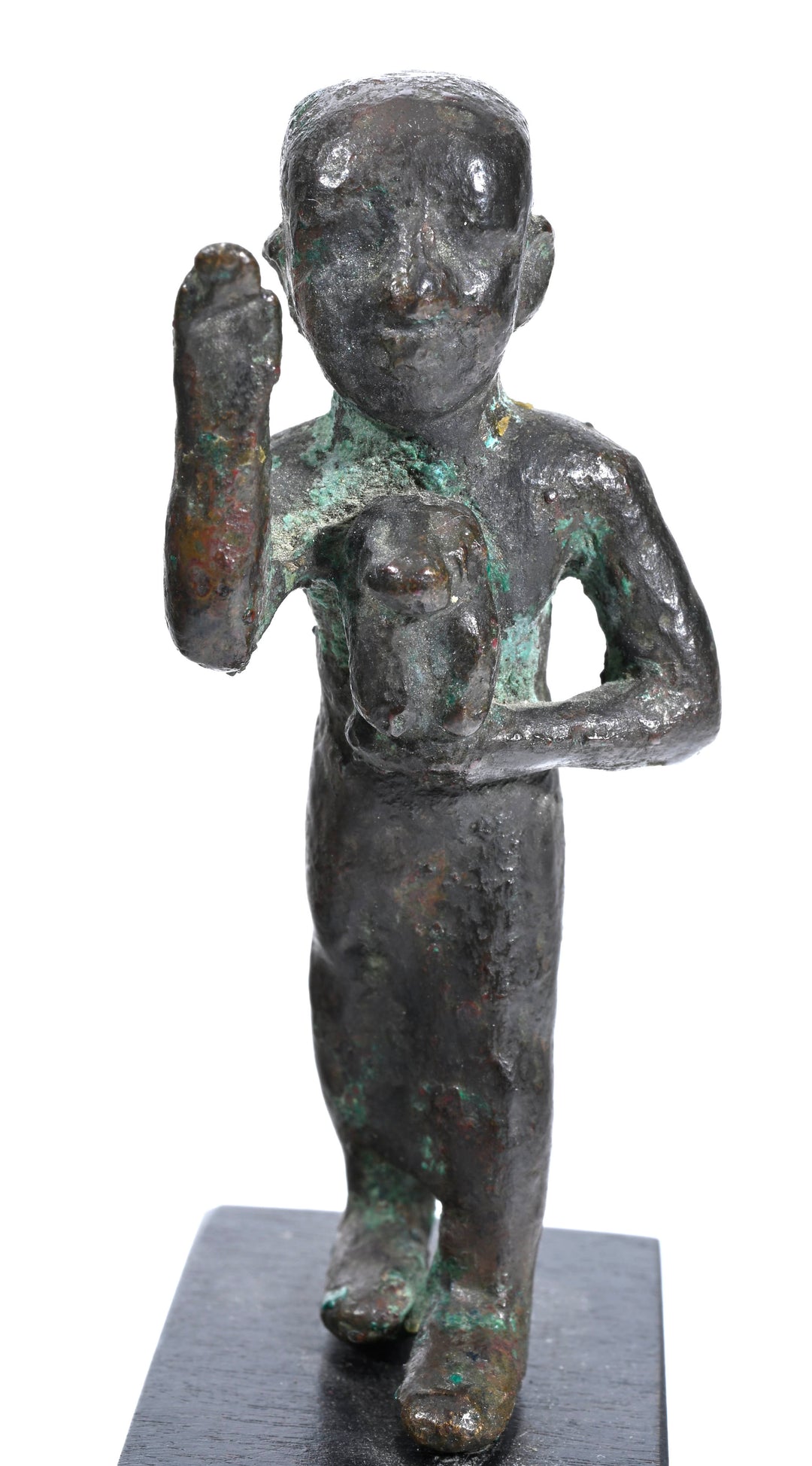 Egyptian Bronze Striding Priest of Thoth Holding a Baboon