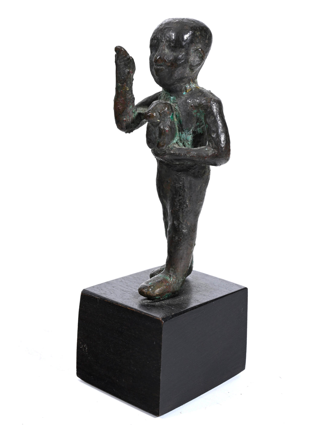 Egyptian Bronze Striding Priest of Thoth Holding a Baboon
