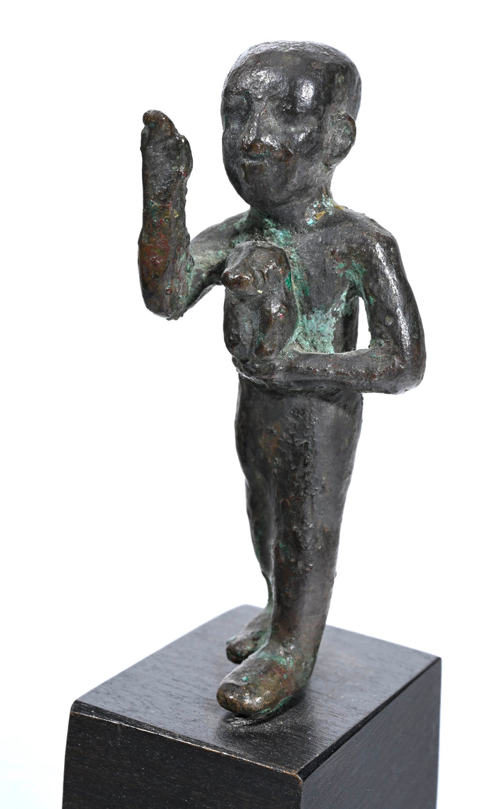 Egyptian Bronze Striding Priest of Thoth Holding a Baboon