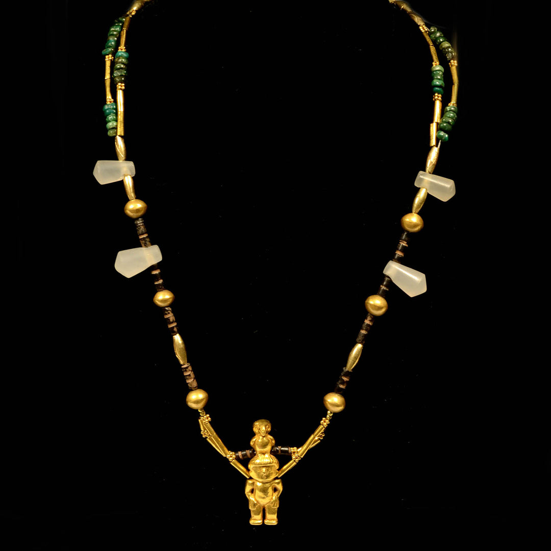 Quimbaya Gold Shaman Pendant & Quartz and Gold Bead Necklace