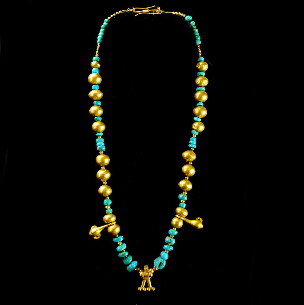 Calima Gold and Moche Turquoise Stone Bead Necklace - Art for Eternity