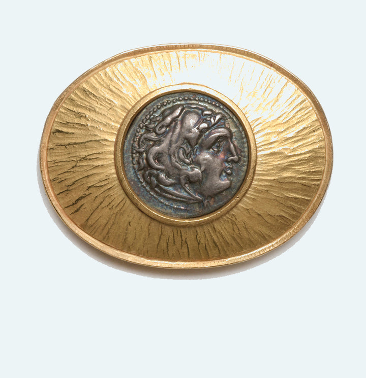 Ancient Alexander The Great Silver Coin set in a 22k Gold Brooch