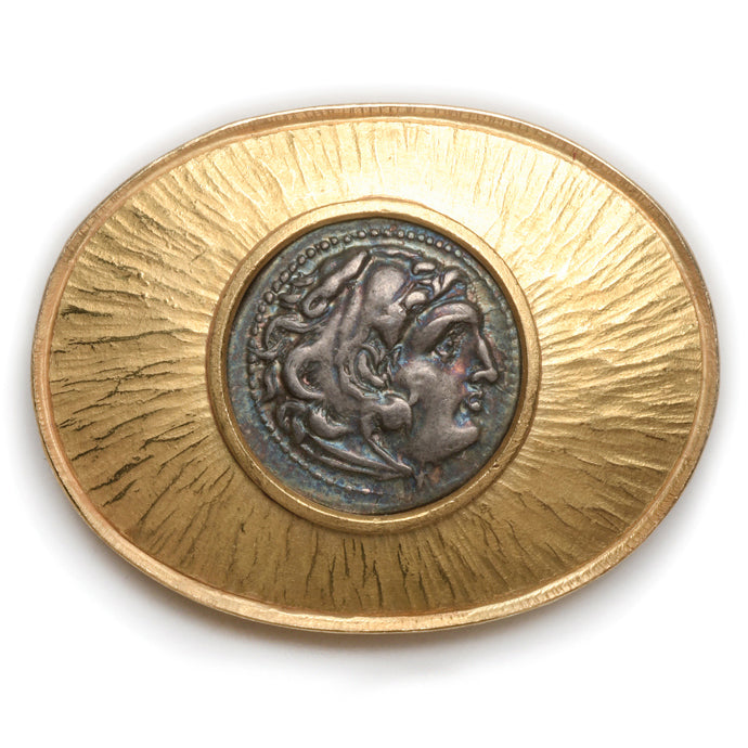 Ancient Alexander The Great Silver Coin set in a Gold Brooch