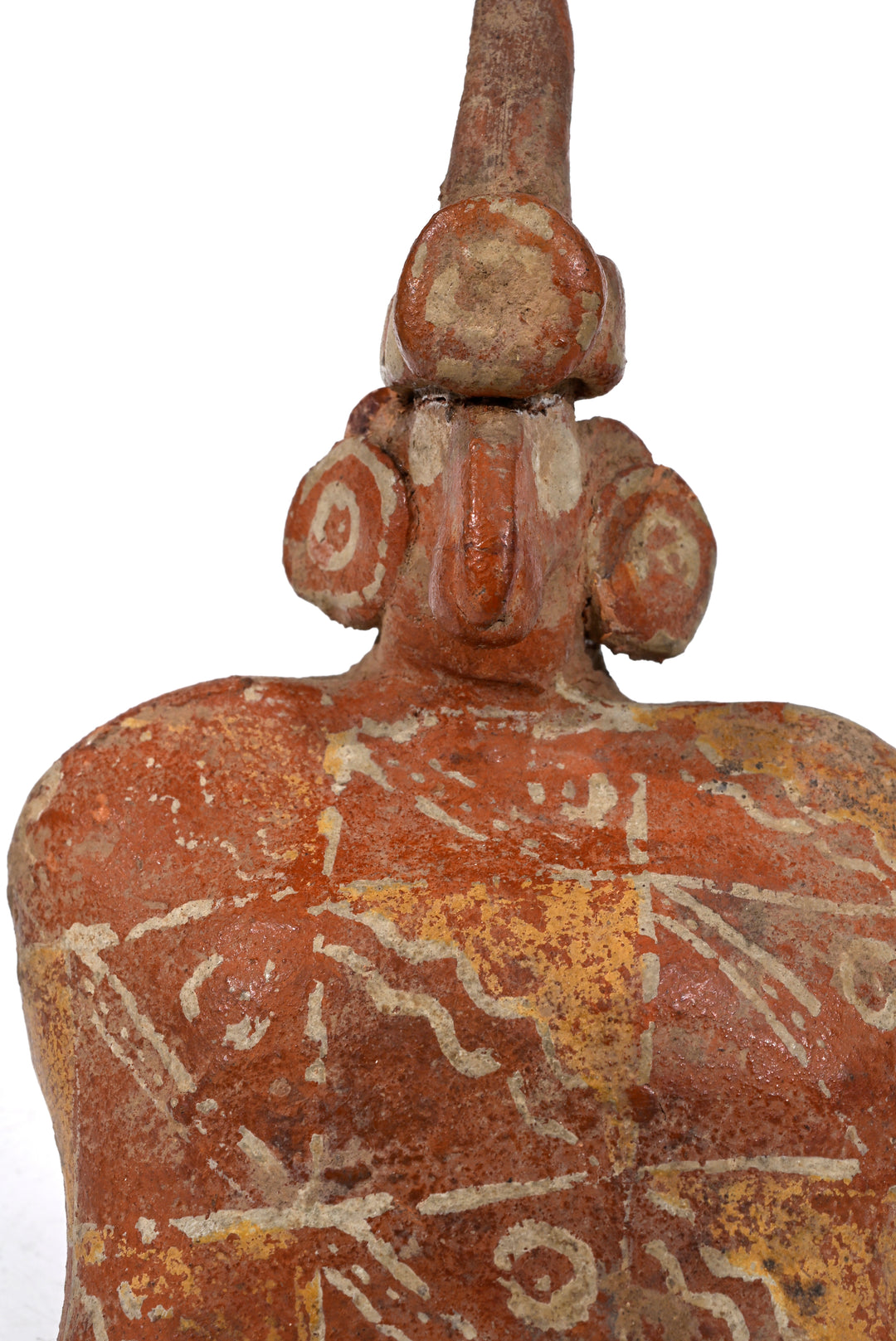 Pre-Columbian Nayarit Figure with Painted Ponch and Tall Headdress