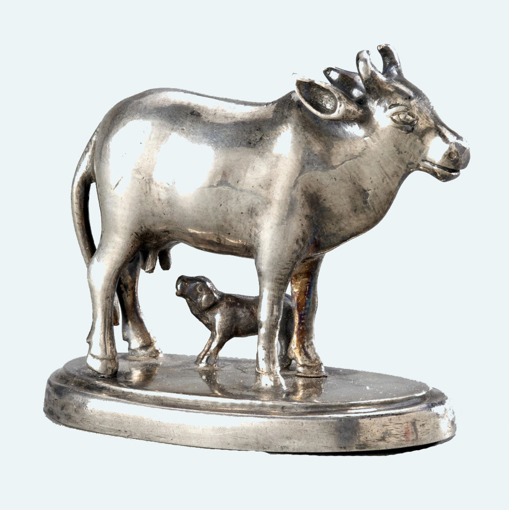 Indian Silver Altar Piece depicting a Nursing Cow - Art for Eternity