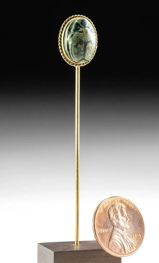Egyptian Green Gaze Faience Scarab set in Gold Pin
