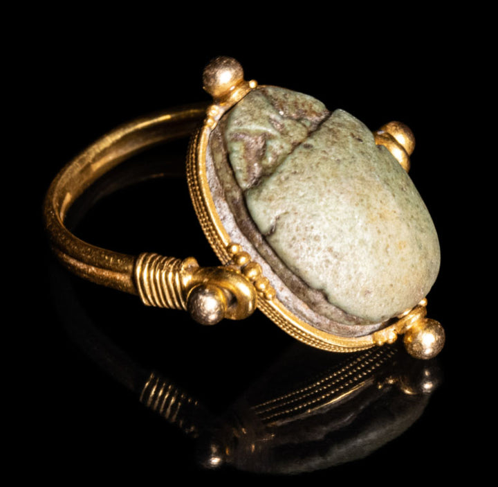 Egyptian Tan Faience Scarab Gold Swivel Ring