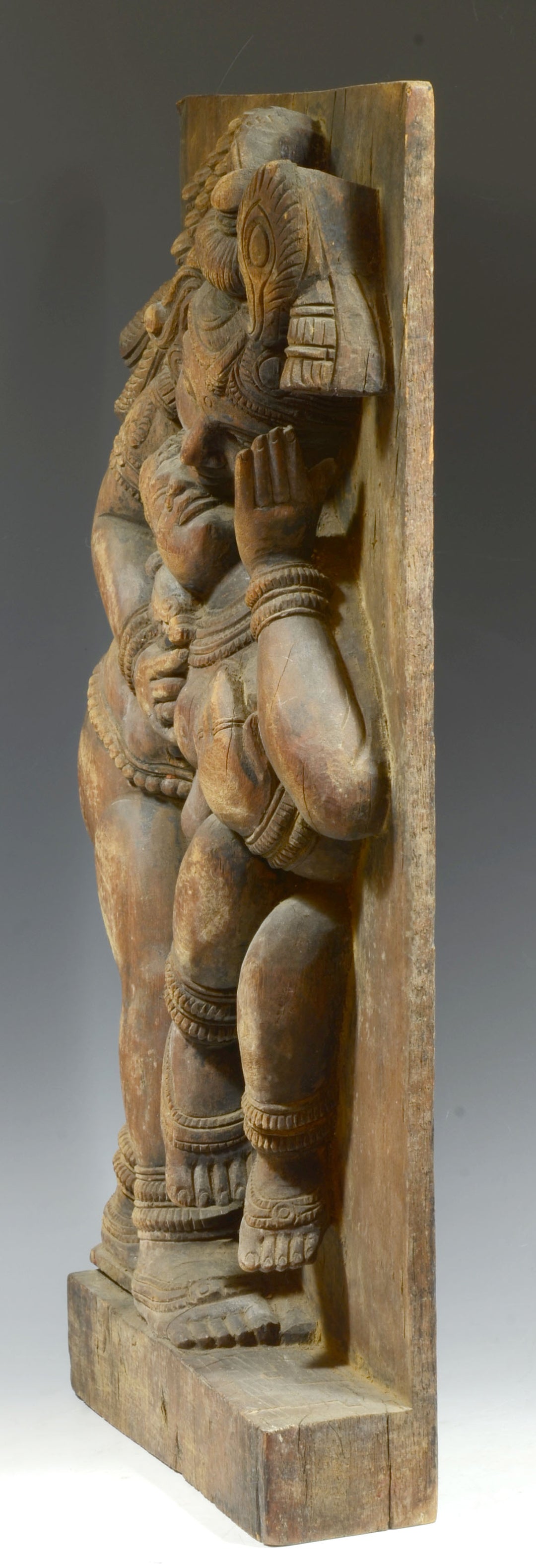 India Carved Wood Figural Panel with Couple Embracing
