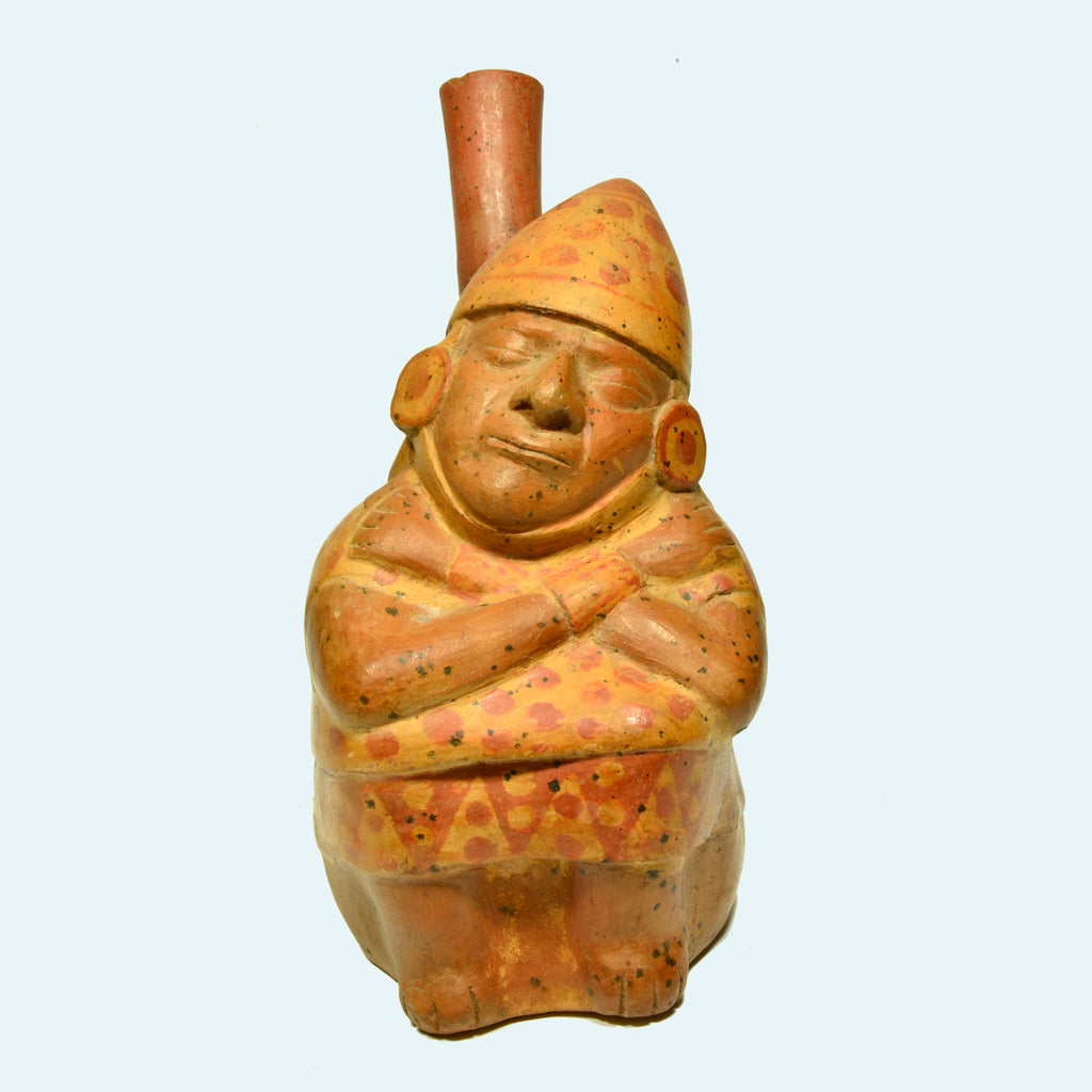 Moche Polychrome Pottery Figural Stirrup Vessel: Dreamer