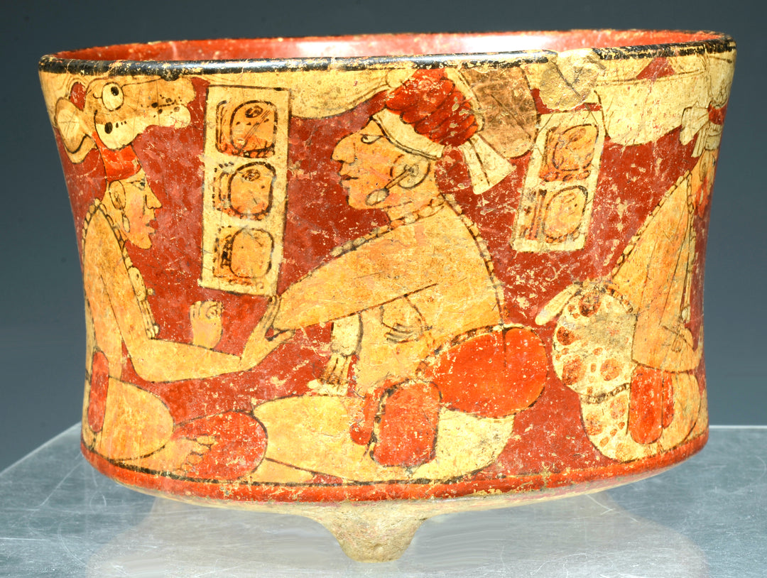 Maya Polychrome Pottery Tripod Cylinder with Seated Lords