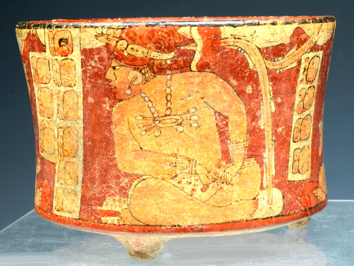 Maya Polychrome Pottery Tripod Cylinder with Seated Lords