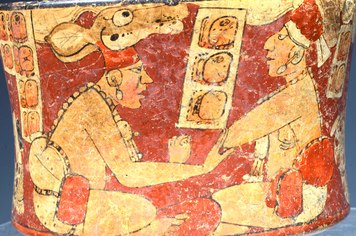 Maya Polychrome Pottery Tripod Cylinder with Seated Lords