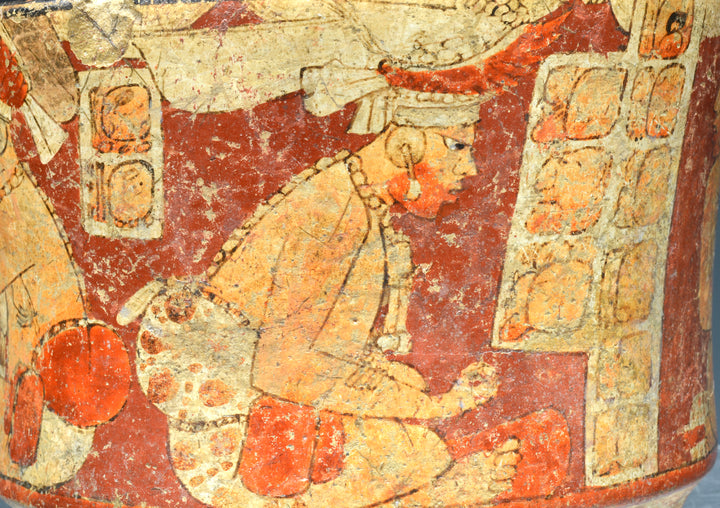 Maya Polychrome Pottery Tripod Cylinder with Seated Lords