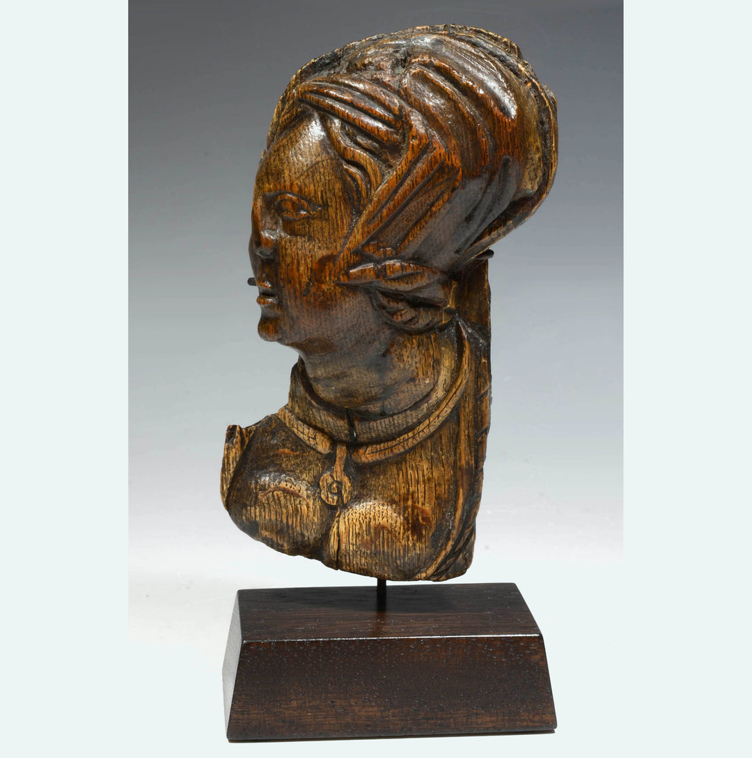 European Renaissance Wood Cared Profile Female Bust