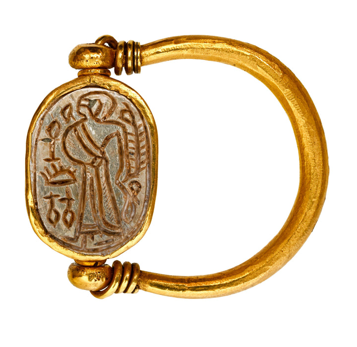 Egyptian 14K Gold Swivel Stone Scarab Ring
