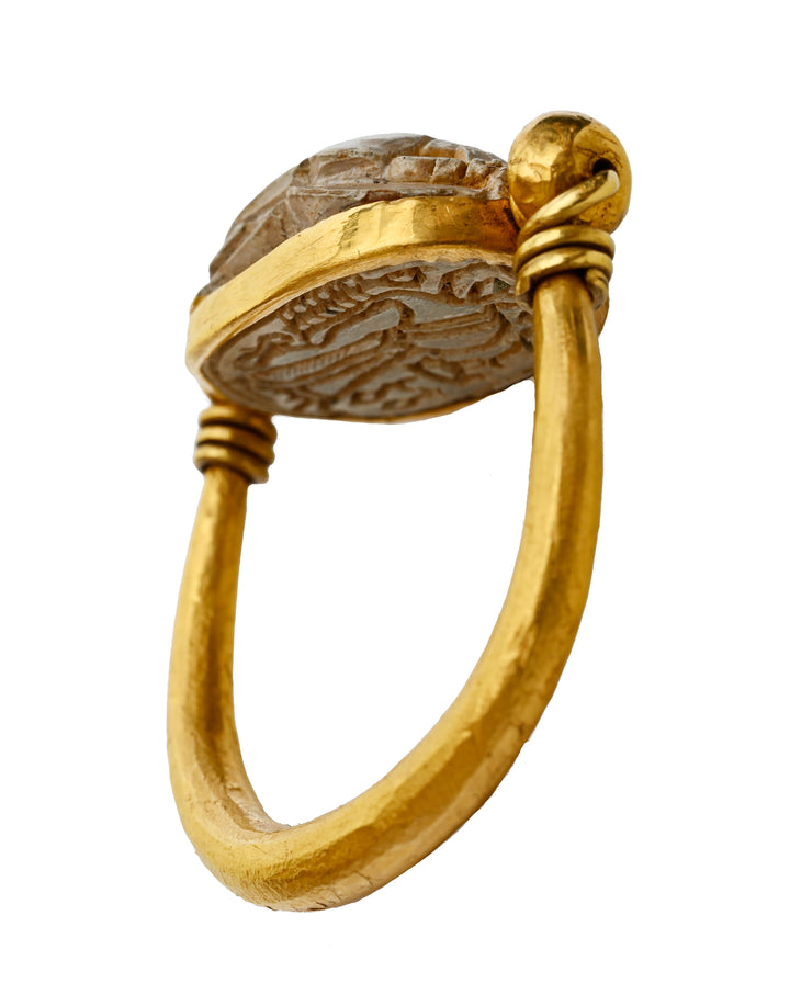Egyptian 14K Gold Swivel Stone Scarab Ring