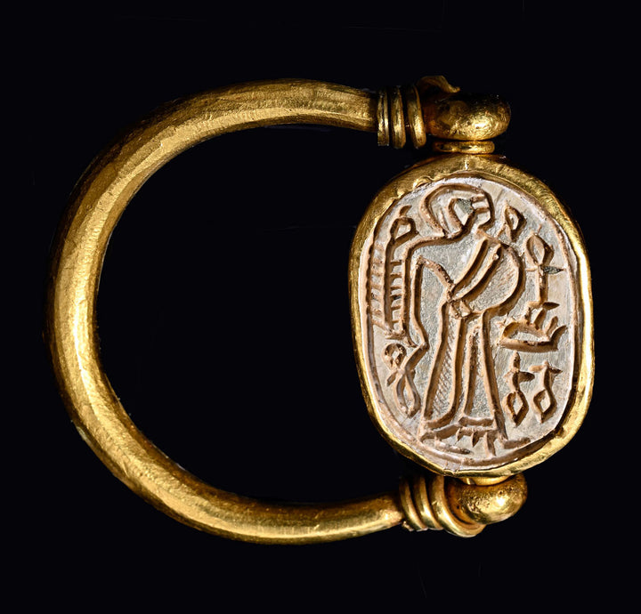 Egyptian 14K Gold Swivel Stone Scarab Ring