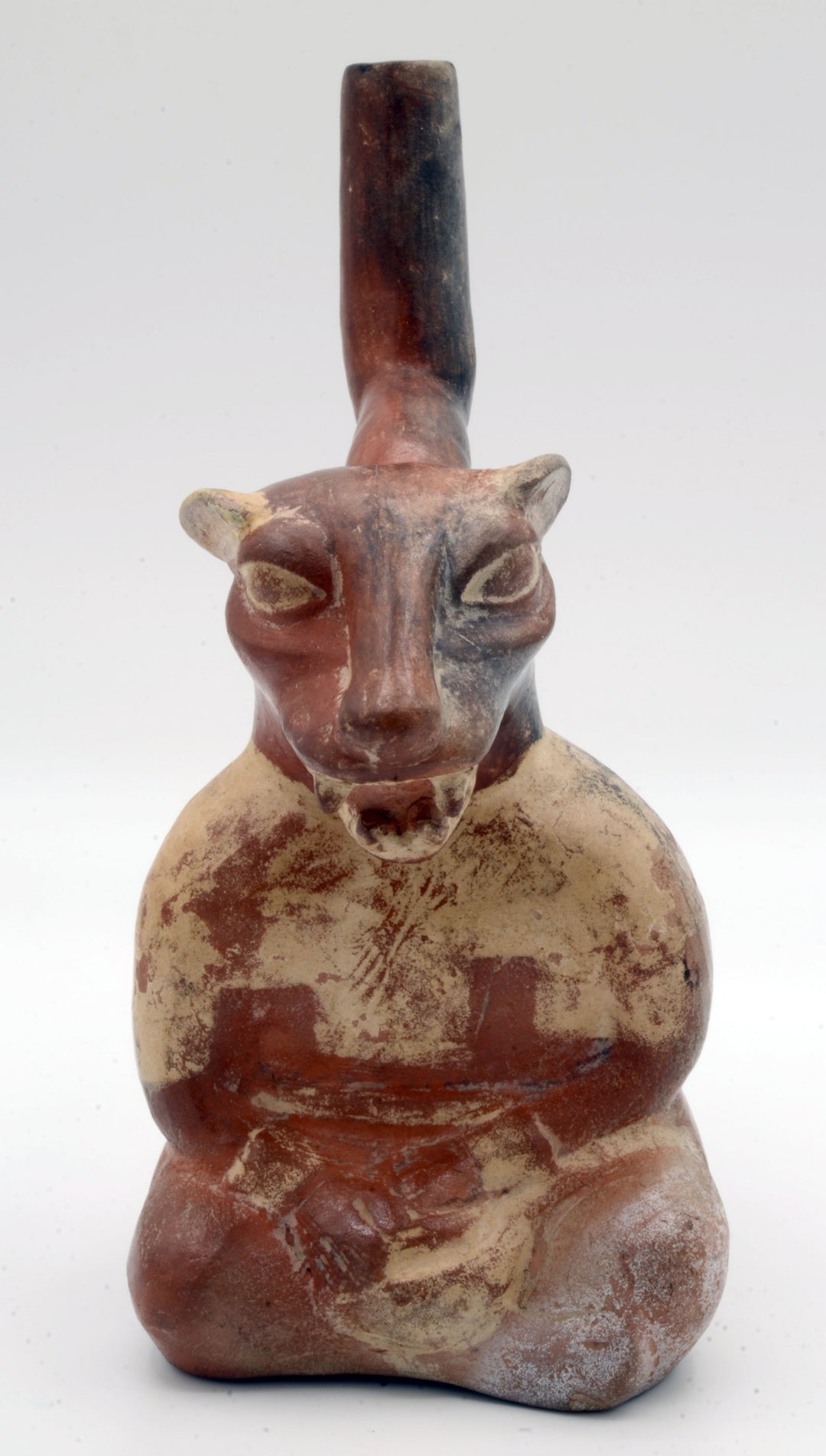 Peruvian Finely Painted Moche Fox Deity Stirrup Vessel