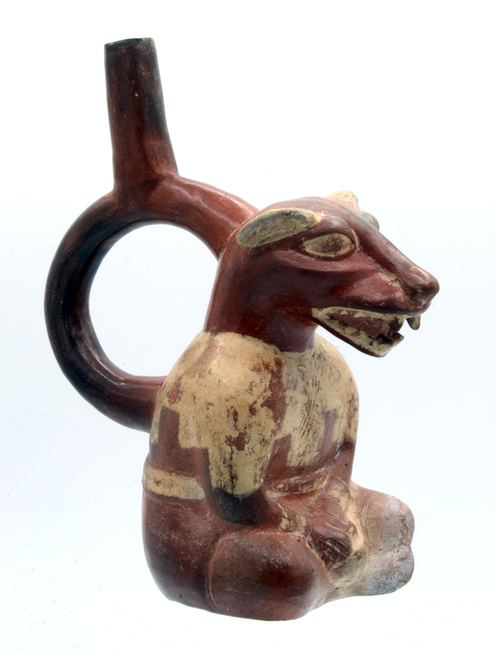 Peruvian Finely Painted Moche Fox Stirrup Vessel