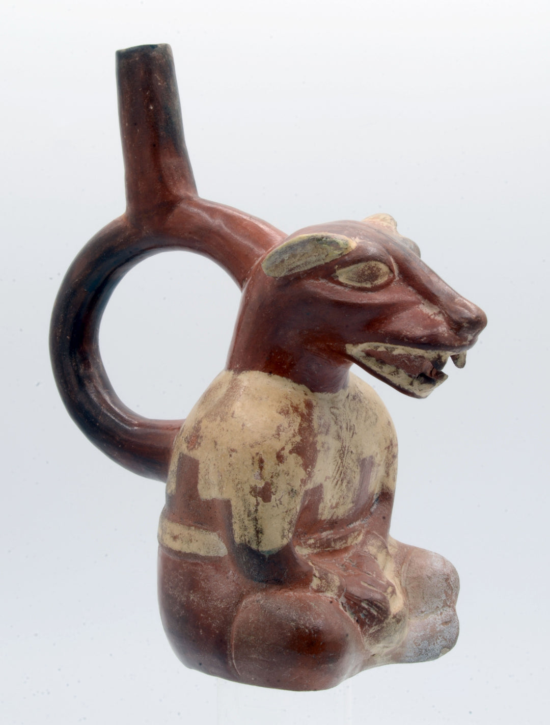 Peruvian Finely Painted Moche Fox Stirrup Vessel