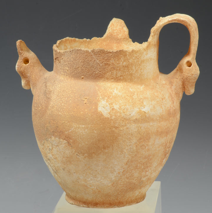 Ancient Persian Alabaster Twin Handled Jar with Ibexes