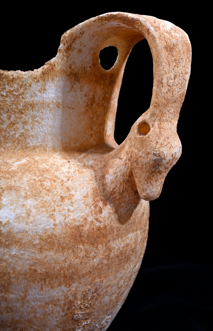 Ancient Egyptian Alabaster Twin Handled Jar (Amphoriskos) with Ibexes