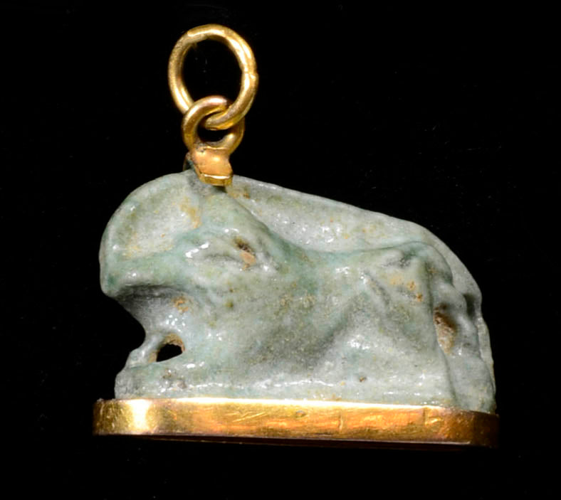 Egyptian Gold Mounted Green Faience Anubis Amulet