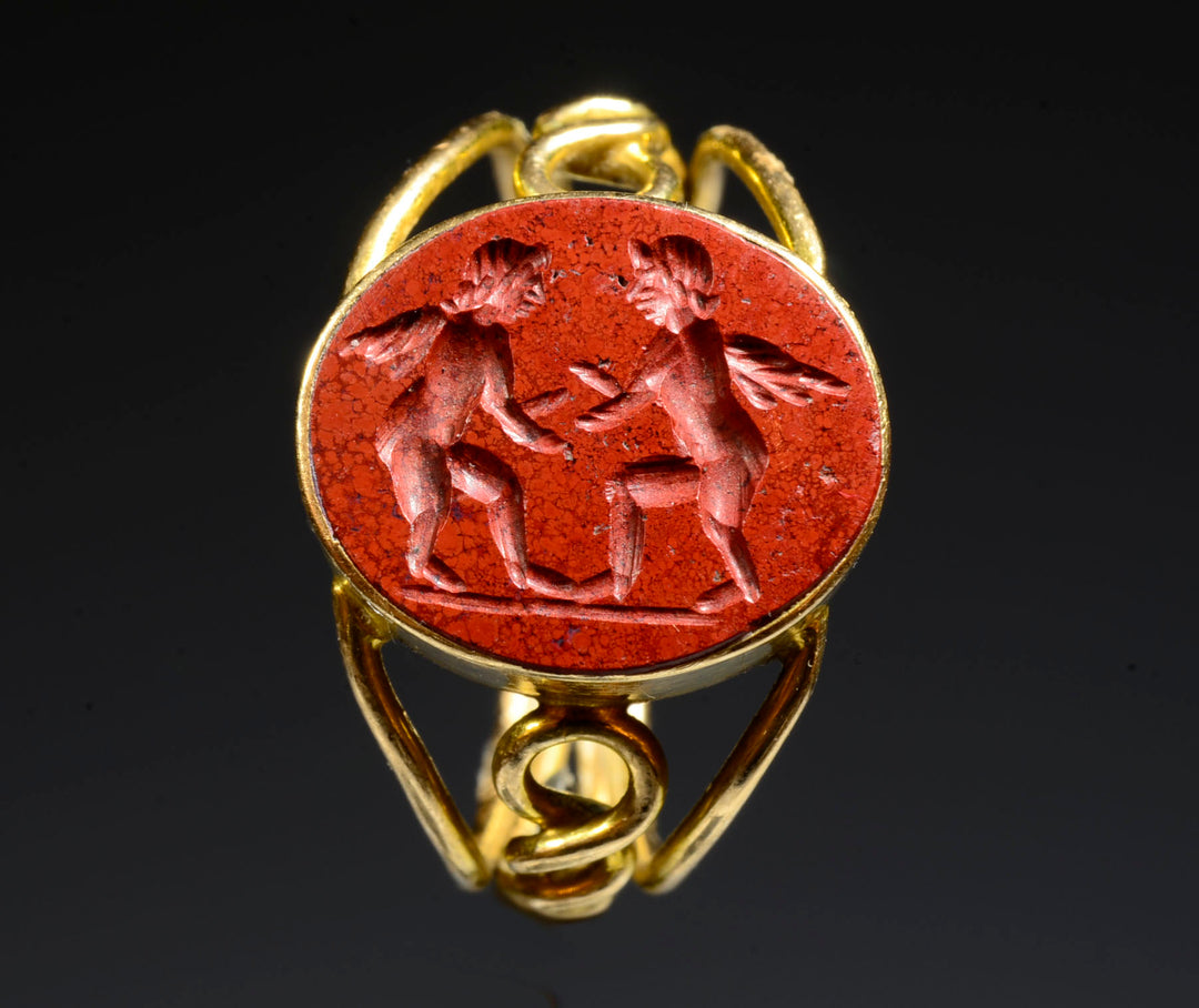 Ancient Roman Red Jasper Intaglio Gold Ring with Eros