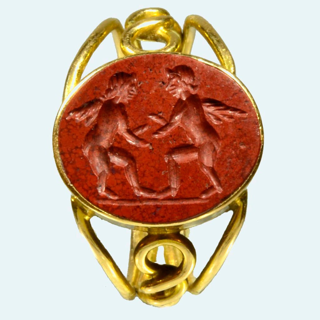 Ancient Roman Red Jasper Intaglio Gold Ring with Eros