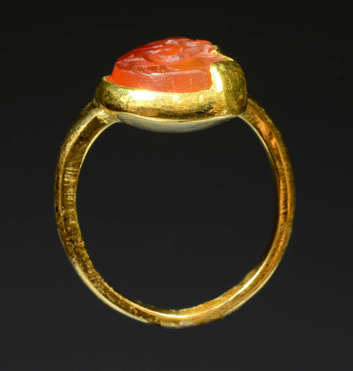 Ancient Roman Carnelian Helios Intaglio in Gold Ring