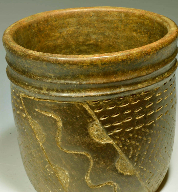 Maya Carved Brown ware Pottery Incised Cylinder