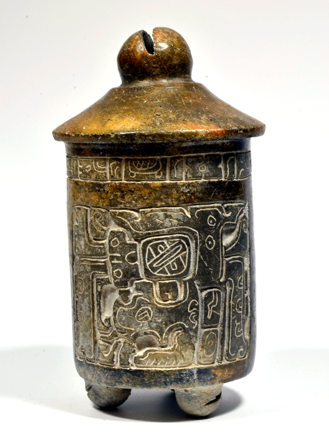 Maya Carved Brownware God K Lidded Cache Vessel